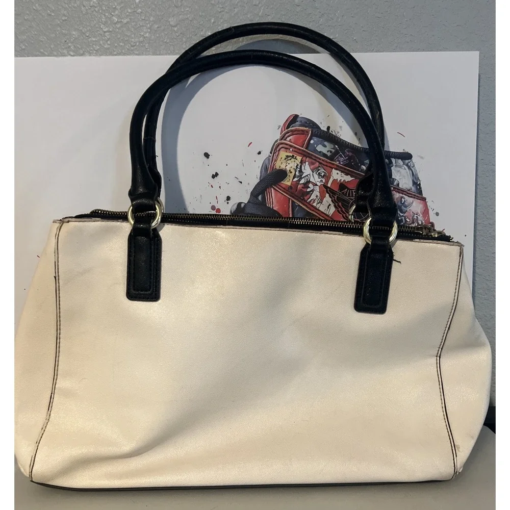 Anne Klein Black White Colorblock Satchel Handbag Top Handle Gold Hardware